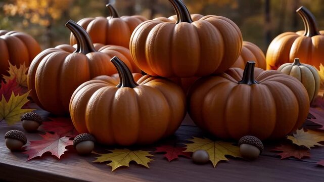 Autumn harvest pumpkins stacked with acorns and fall leaves in warm golden sunlight outdoor scene