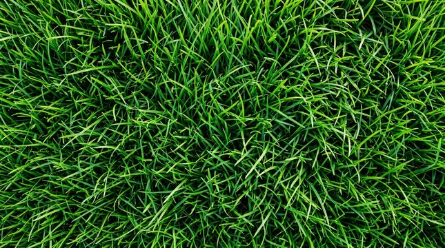 Lush green grass texture background, top view of a vibrant lawn field