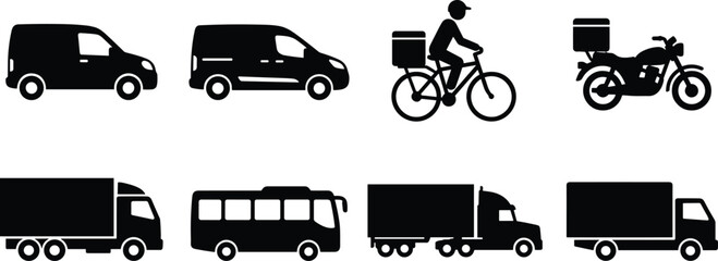 Delivery and Transportation Vehicle Silhouette Icons Set with Vans Trucks and Couriers © MstRostama