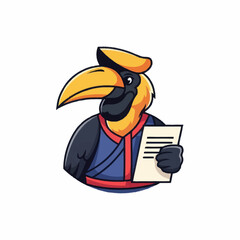 Cartoon Hornbill Bird Character Wearing a Hat and Holding Paper. © Dong