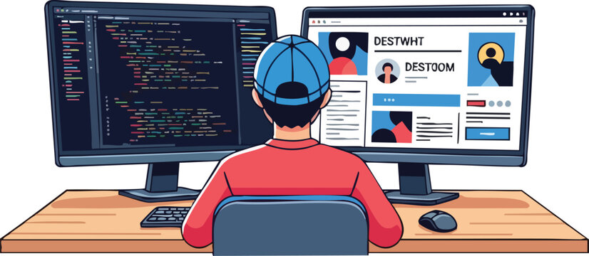 Professional Software Engineer Working at Minimalist Workspace With Dual Monitors Displaying Programming Code and Interface Screen