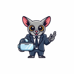 Cute cartoon lemur character in a suit holding VR headset. © Dong