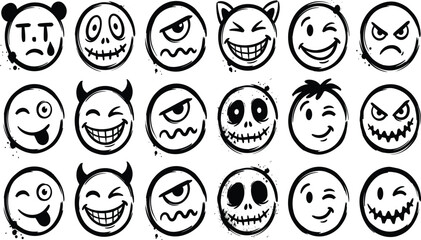 Fototapeta premium Diverse Emoticon and Smiley Face Icon Set with Various Expressions and Characters for Messaging Apps, Creative Social Media Designs, and Digital Communication