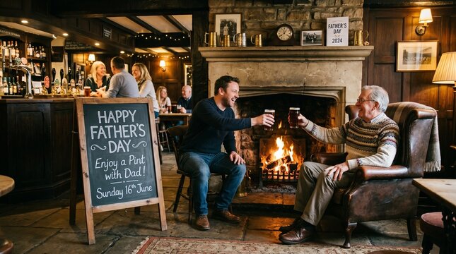 A man cheers with his father over a pint of beer in a cozy, rustic pub setting with a warm fireplace, a Father's Day chalkboard sign, and a traditional, inviting atmosphere.