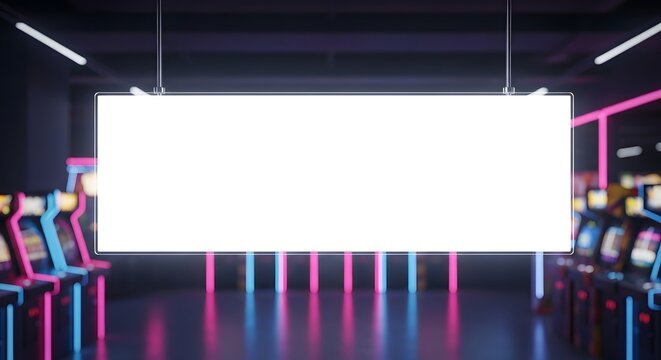 Blank white screen in a retro arcade room, illuminated by neon lights, perfect for product display or advertising.
