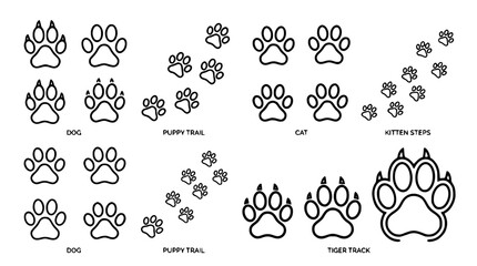 Animal paw print outline icon set featuring dog trails cat steps kitten paths and wild tiger tracks vector illustration © Md Imran