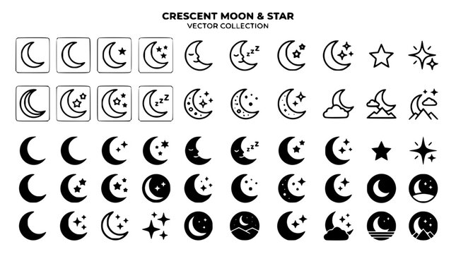 Crescent moon and star vector icon collection featuring night sky line symbols sleeping half moons clouds and astrology illustration