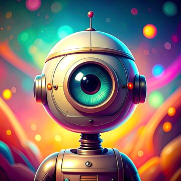 Colorful Futuristic Robot with Large Eye Standing in Neon Abstract Background