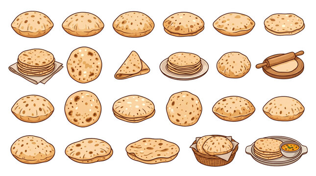 Traditional Indian chapati and phooli roti collection with homemade flatbread vector illustration isolated on white background