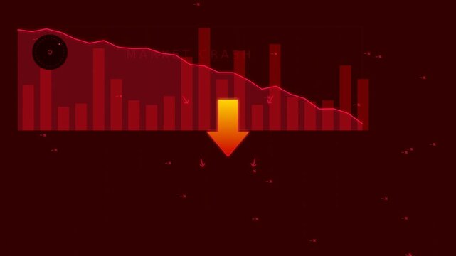 Motion of Stock Market Decline with Red Graph and Downward Arrow in Financial Data Video.