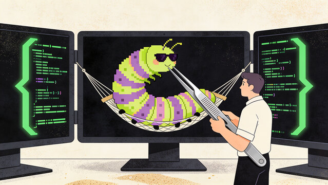 Software code debugging with funny computer bug, programming troubleshooting and glitch metaphor, textured graphic illustration