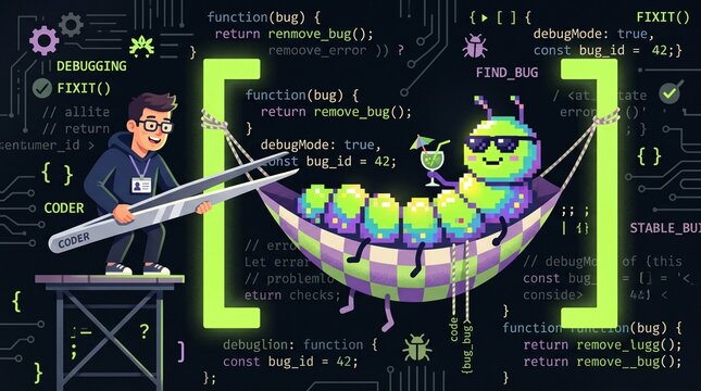 Software code debugging with funny computer bug, programming troubleshooting and glitch metaphor, textured graphic illustration