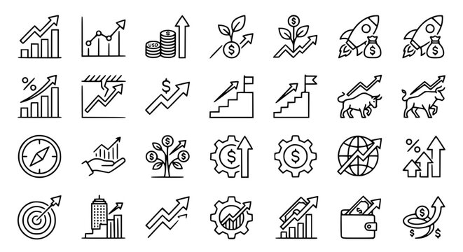 Economic business growth thin line icon set featuring stock market charts money trees bull trends rocket and financial progress vector illustration