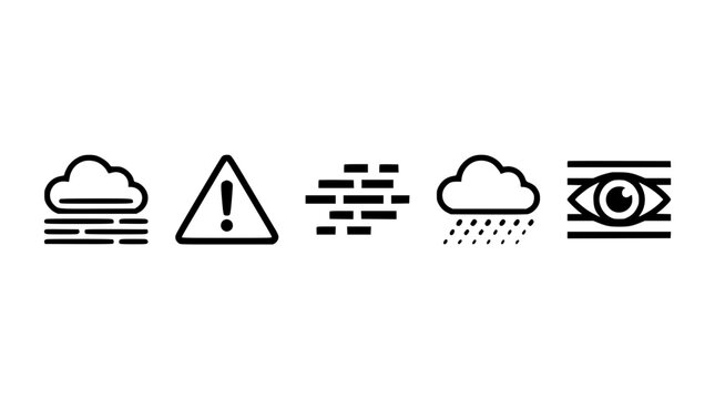 Weather warning line icon set featuring climate hazards like fog mist rain cloud danger alert and low visibility vector illustration