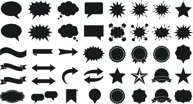 Black comic speech bubble icons vector collection with different explosion starburst bursts banners badges isolated on white background for design