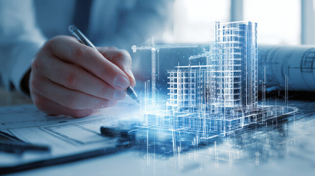 Hand creating digital architectural blueprint hologram city building