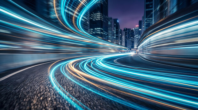 Abstract neon light trails speeding through futuristic city highway
