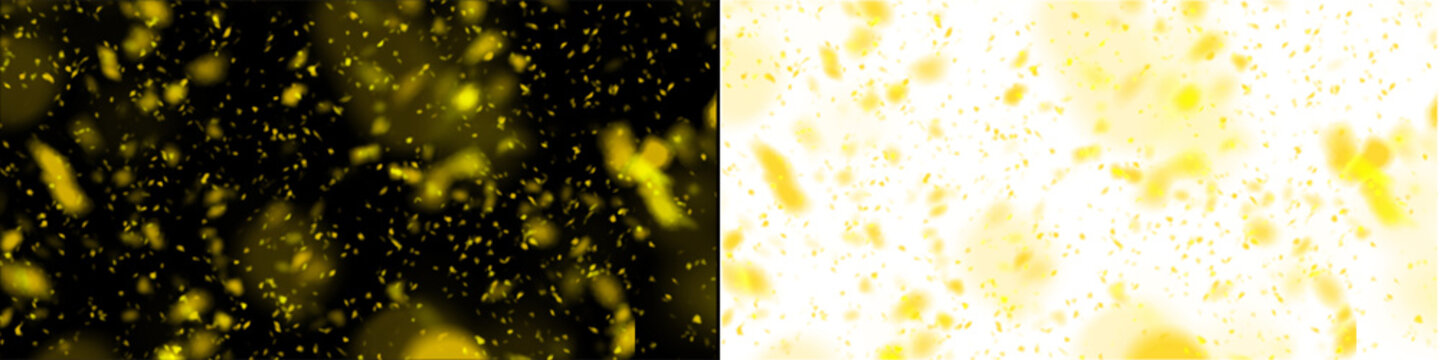Yellow glitter particles fall on black background bright festive abstract motion background for celebrations.