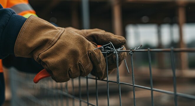Worker's hands using wire to secure a temporary safety fence at a construction site.Concept of construction site safety and security.