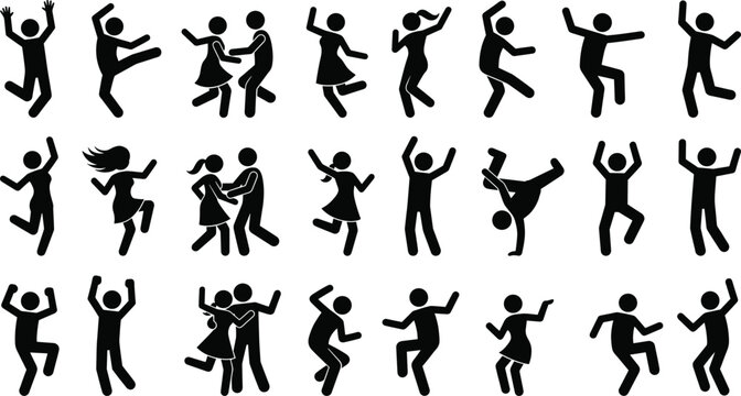 Black dancing stick figure icon set vector collection with people jumping and partying isolated on white background for celebratory design
