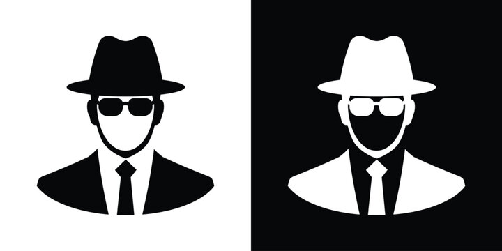 Sleek vector icon of a secret agent or businessman wearing sunglasses and a fedora hat, in black and white variations.