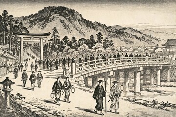 Obraz premium Traditional Japanese Scene with Torii Gate and Bridge