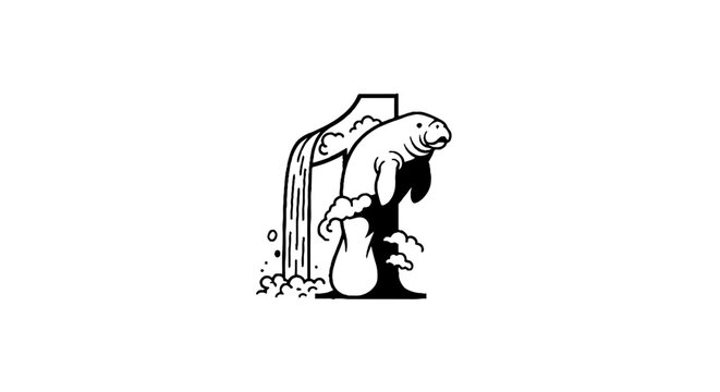 Cartoon Manatee Drinking From Water Faucet Illustration.