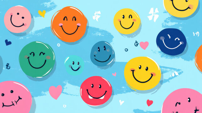 Colorful smiley faces emoji pattern on blue background