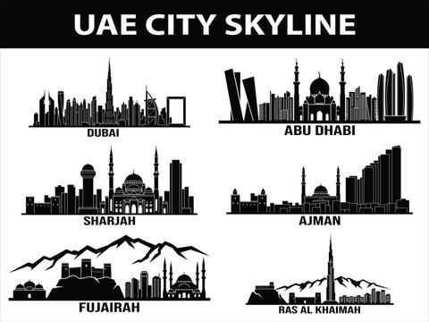 Black city skyline set of Dubai Abu Dhabi Sharjah Ajman Ras Al Khaimah Fujairah UAE