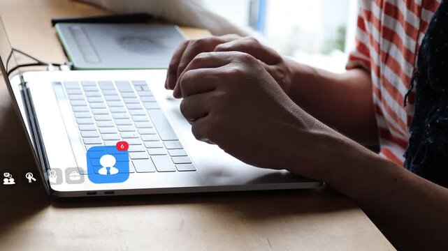 Asian manager operates laptop at home desk in casual attire, highlighting 3D tracked corporate businessman shadow icons and human resource searching graphics.