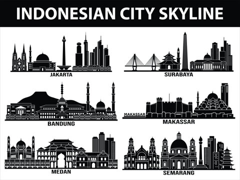 Indonesian city skylines of Jakarta Surabaya Bandung Medan Semarang Makassar