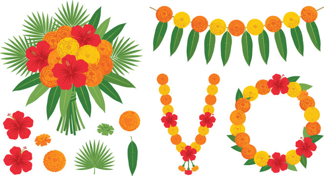Marigold Floral Decoration Collection with Tropical Bouquet, Festive Garland, Wreath, and Traditional Flower Arrangement Vectors