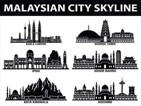 Malaysian city skyline landscape set of Kuala Lumpur, George Town, Johor Bahru, Ipoh, Kota Kinabalu, and Kuching
