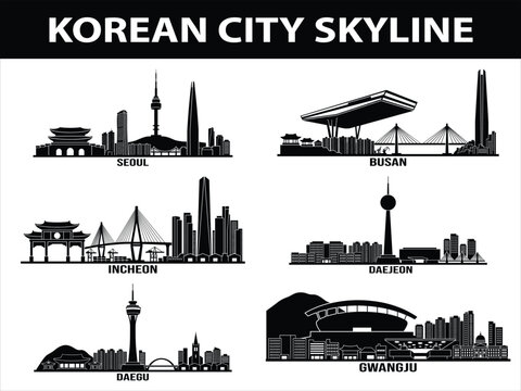 South Korean city skylines set of Seoul, Busan, Incheon, Daegu, Daejeon, and Gwangju
