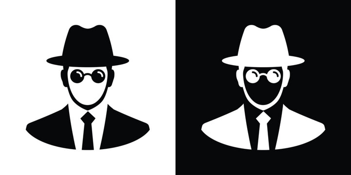 Graphic vector silhouette of a vintage-style detective with round glasses and a hat, in dual black and white tones.