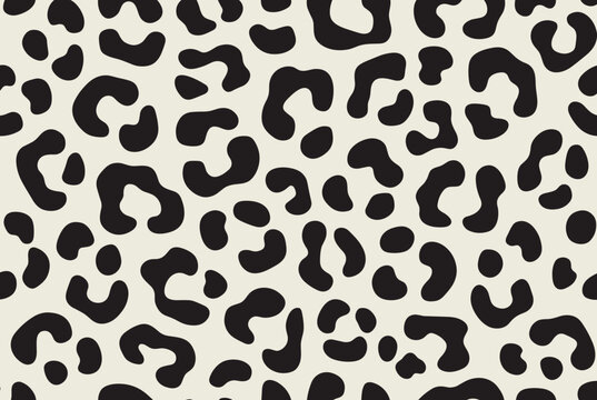Seamless animal print pattern with abstract black leopard spots scattered across a clean off-white background.