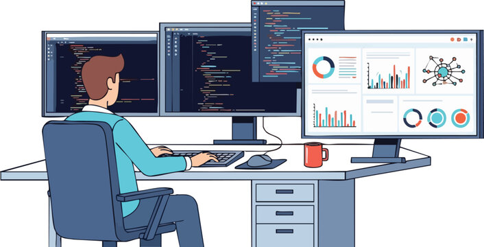 Software Developer Coding at Clean Desk With Multiple Monitors Displaying Professional Data Dashboards and Complex Program Scripts