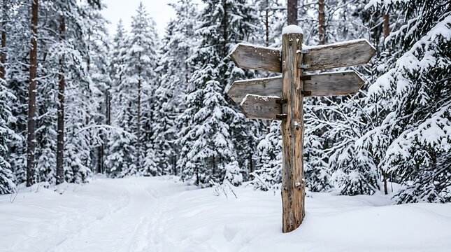 Snowy forest with wooden sign post.