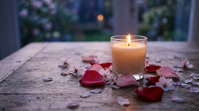 Romantic candlelight with rose petals on table.