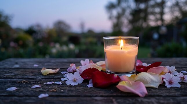 Candle lit on wooden table outdoors.
