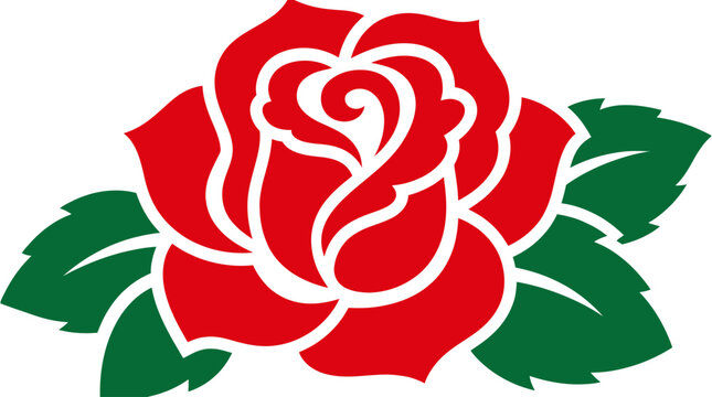 Vibrant red rose illustration with green leaves and white outline
