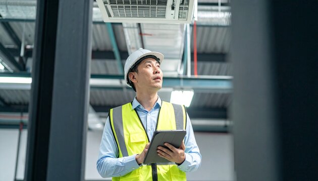 Focused Asian engineering specialist holding digital tablet monitoring automated factory infrastructure layouts with low angle view