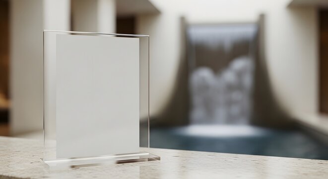 Blank acrylic display stand with white paper insert on a polished surface, with a blurred waterfall feature in the background, perfect for showcasing information or promotions in a modern setting.