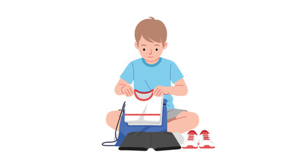 Fototapeta premium A young boy sits on the floor carefully packing his blue backpack with a folded shirt for his first day back to school preparation in a flat vector style