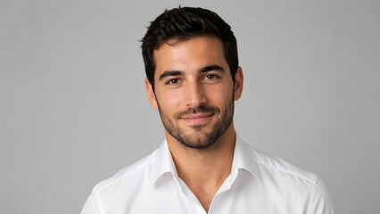 Obraz premium Professional studio portrait of a handsome young man with a gentle smile wearing a crisp white shirt. Perfect for corporate business websites modern profiles and casual clothing ads.
