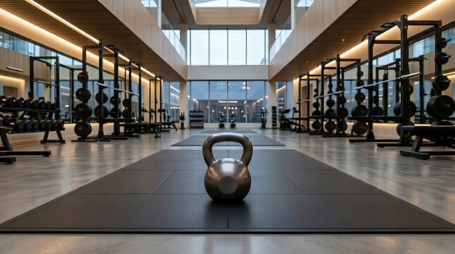 Kettlebell on gym floor with equipment.
