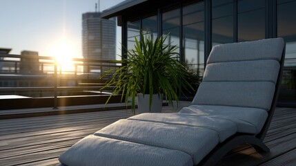 Obraz premium Rooftop terrace with lounge chair and potted plant under bright sunset light in a city setting
