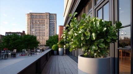 Obraz premium Rooftop terrace scene featuring a light gray lounge chair and vibrant plants against a city backdrop during sunset