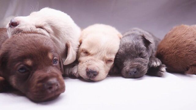 Newborn puppy litter awakening in gentle staged sequence from deep sleep to drowsy stir