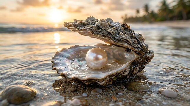 Pearl in oyster shell on beach.